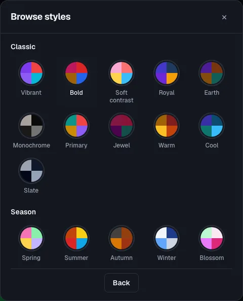 The 'Browse styles' color palette picker, showing Classic and Season palette groups you can apply to a wheel