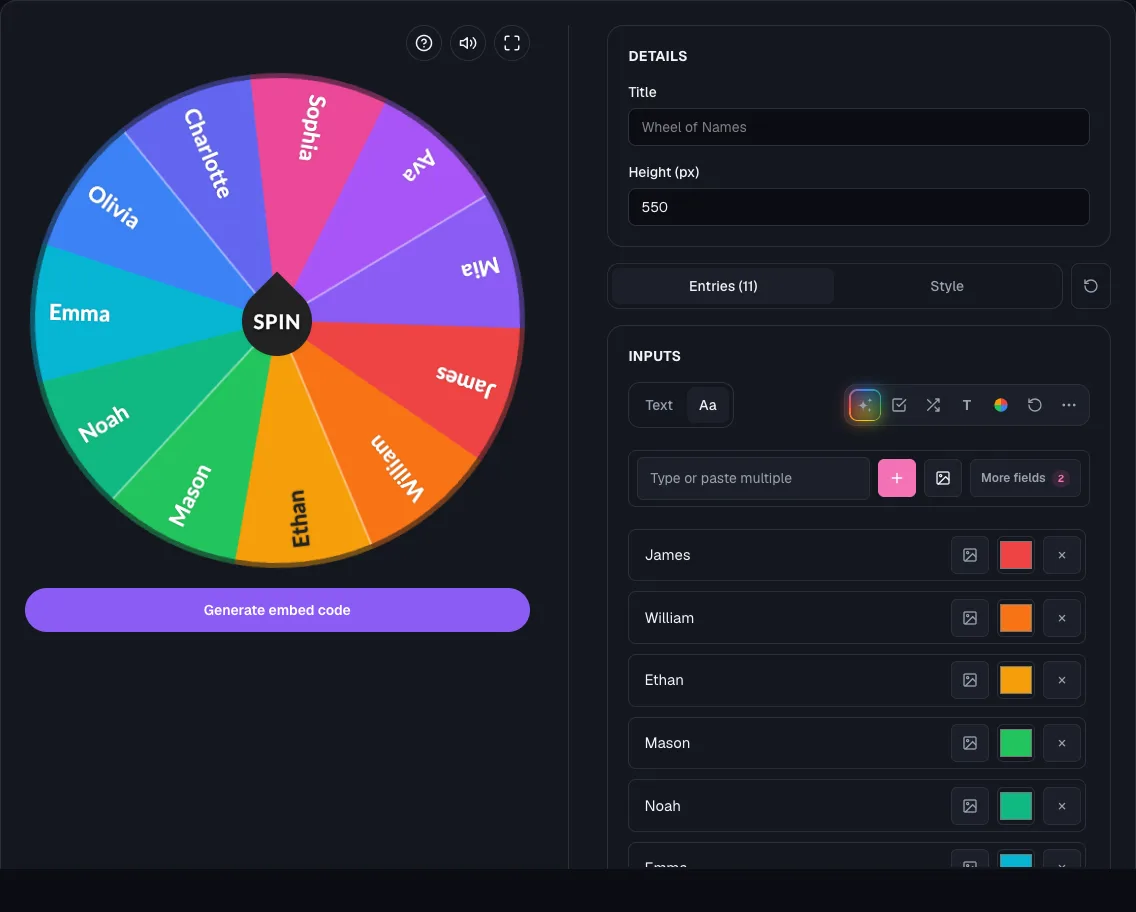 The Embed a wheel page: a live wheel preview next to Title and Height fields and a Generate embed code button
