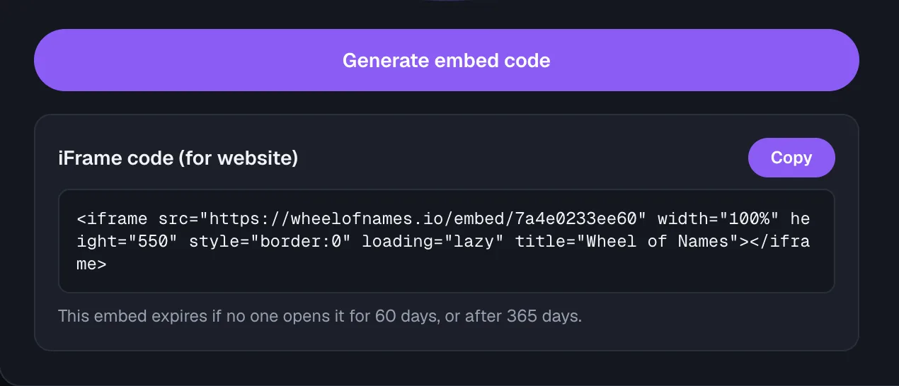 The Generate embed code button above the resulting iframe snippet, with a Copy button and a note that the embed expires after 60 days of inactivity or 365 days regardless