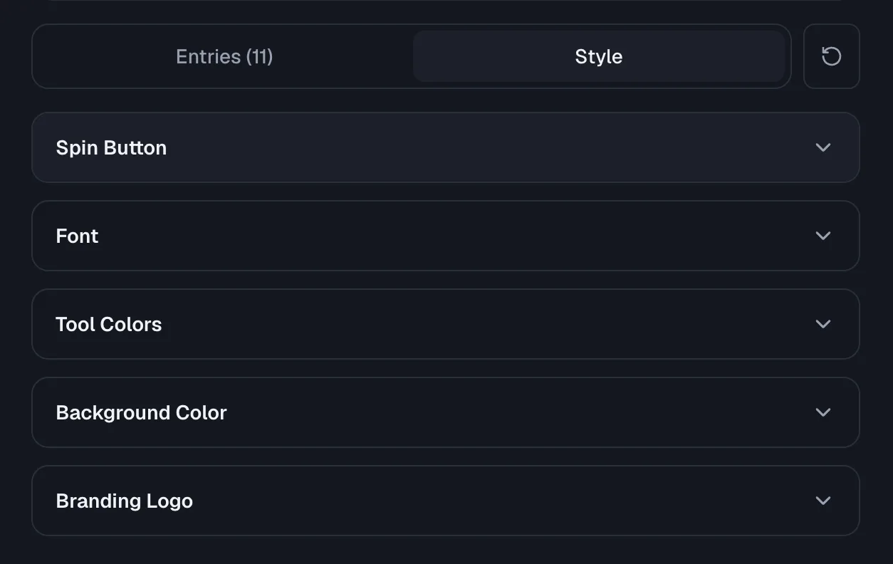 The Embed page's Style tab, with Spin Button, Font, Tool Colors, Background Color, and Branding Logo accordion sections