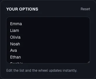 The Your options entry list panel with the caption 'Edit the list and the wheel updates instantly'