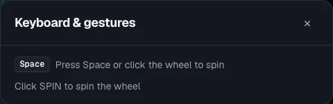 The Keyboard & gestures panel, showing that pressing Space or clicking the wheel spins it