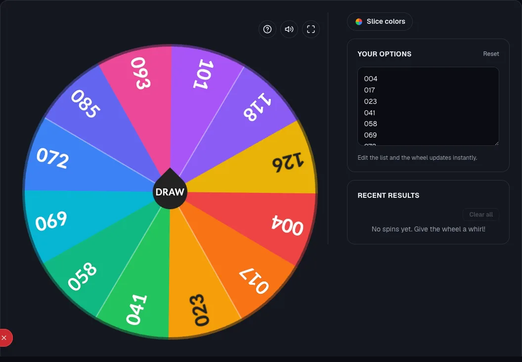 The Raffle Wheel loaded with a sample list of ticket numbers, with a DRAW button at center