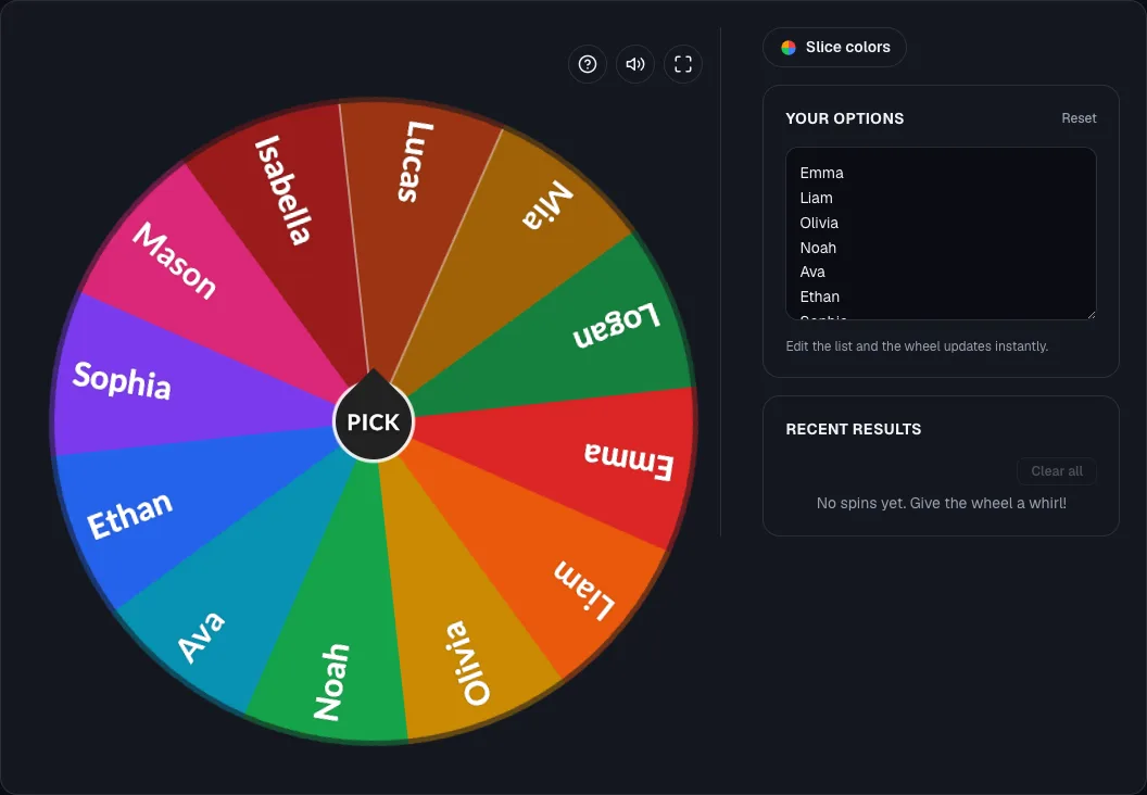 The Random Name Picker wheel loaded with a sample name list, next to the editable options panel and recent results panel