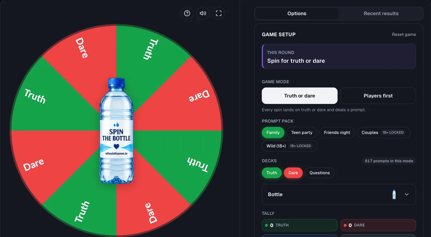 The Spin the Bottle tool loaded with the Family prompt pack, Truth and Dare decks enabled, and a tally of prompts dealt so far