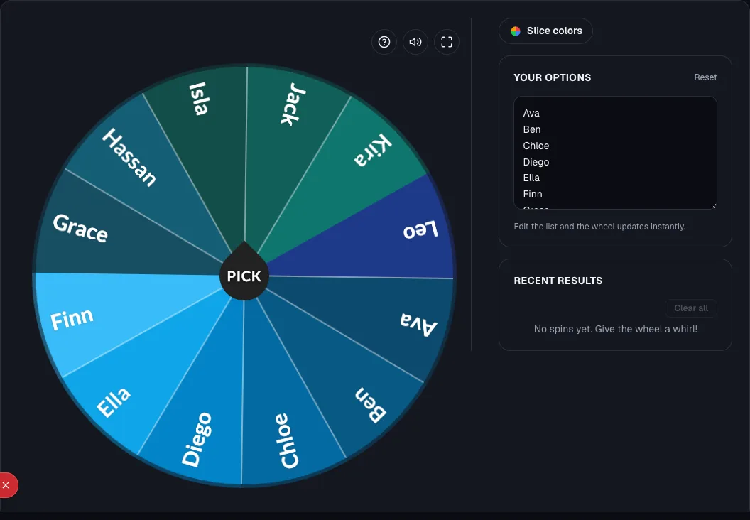 The Random Student Picker wheel loaded with a sample class list, next to the editable options panel