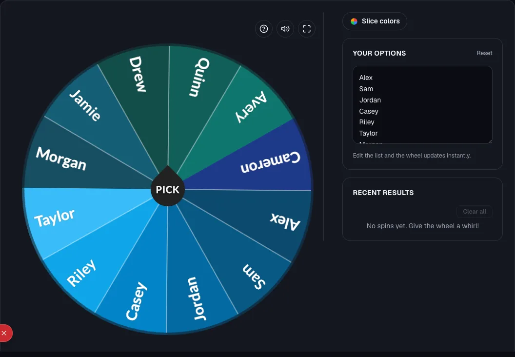 The Team Generator Wheel loaded with a sample list of player names