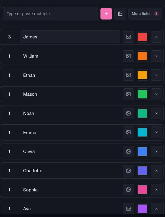 The full editor's entry list with weight, image, and color columns turned on: one entry set to weight 3, the rest at the default weight 1