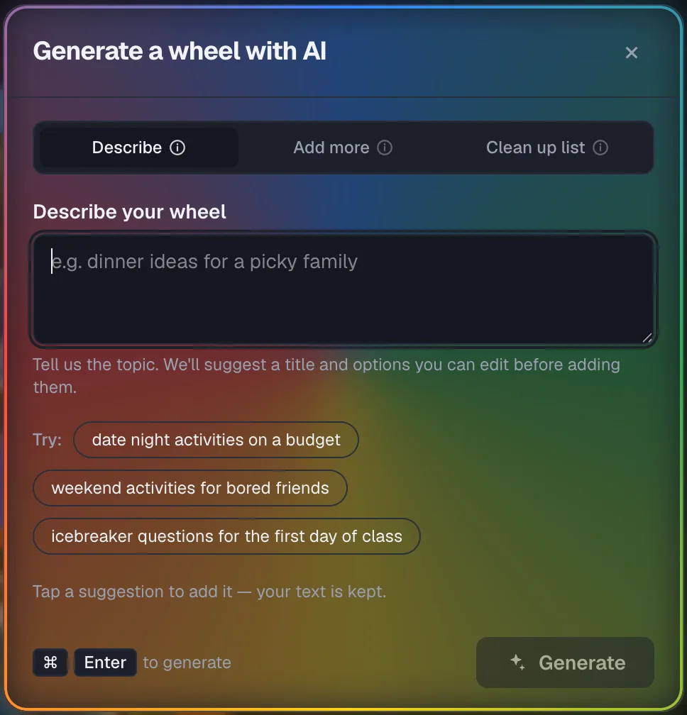 Wheel of Names: "Generate a wheel with AI" dialog, Describe tab, empty textarea with example prompt chips (date night activities on a budget, weekend activities for bored friends, icebreaker questions).