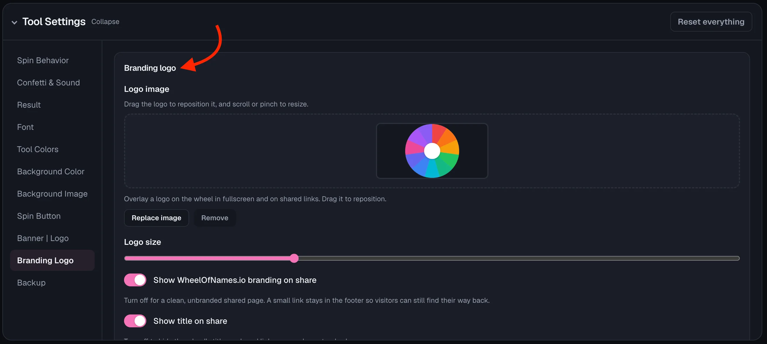 Tool Settings Branding Logo section with a logo placed in the drop zone and the drag-to-reposition, scroll-or-pinch-to-resize hint text visible