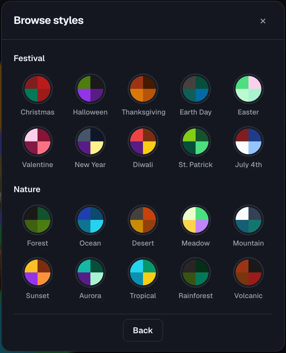Wheel of Names: "Browse styles" modal showing preset color themes grouped by category (Festival: Christmas, Halloween, Thanksgiving…; Nature: Forest, Ocean, Desert…).