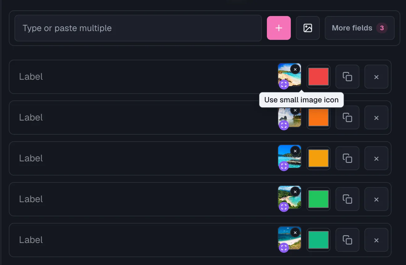 Entries panel rows with photo thumbnails on each image button, a fill-slice badge on each one, and the tooltip "Use small image icon" open on the first row.