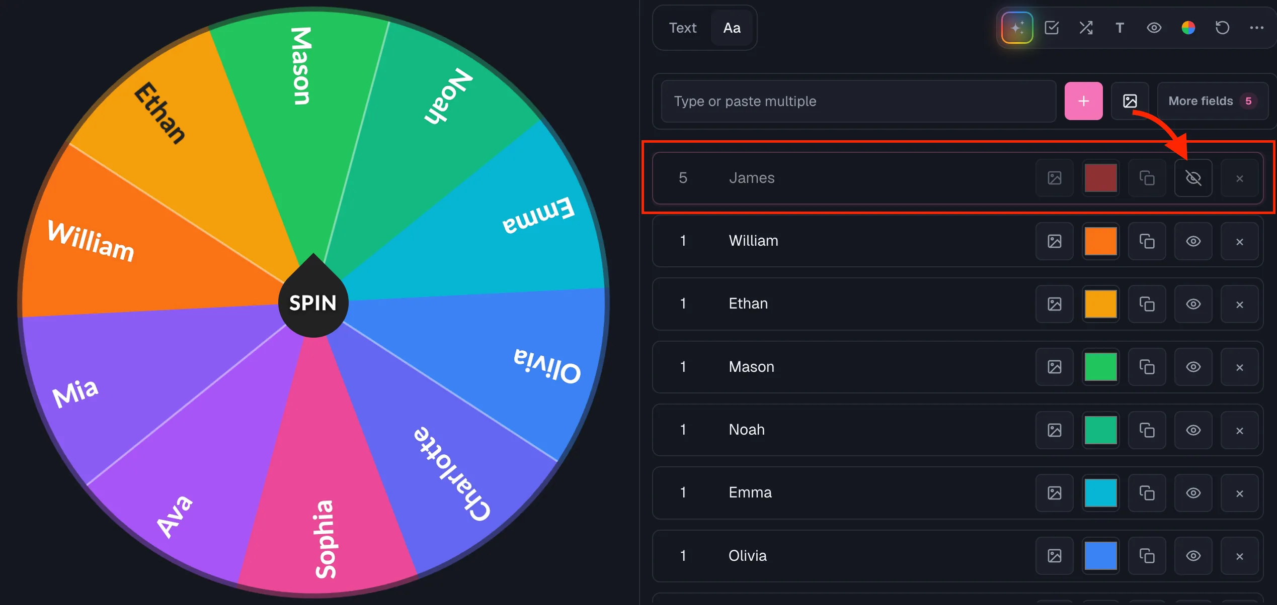 Wheel of Names: Wheel and entries list with a red highlight box around a row and an arrow pointing at the hide (eye-slash) icon for that entry.