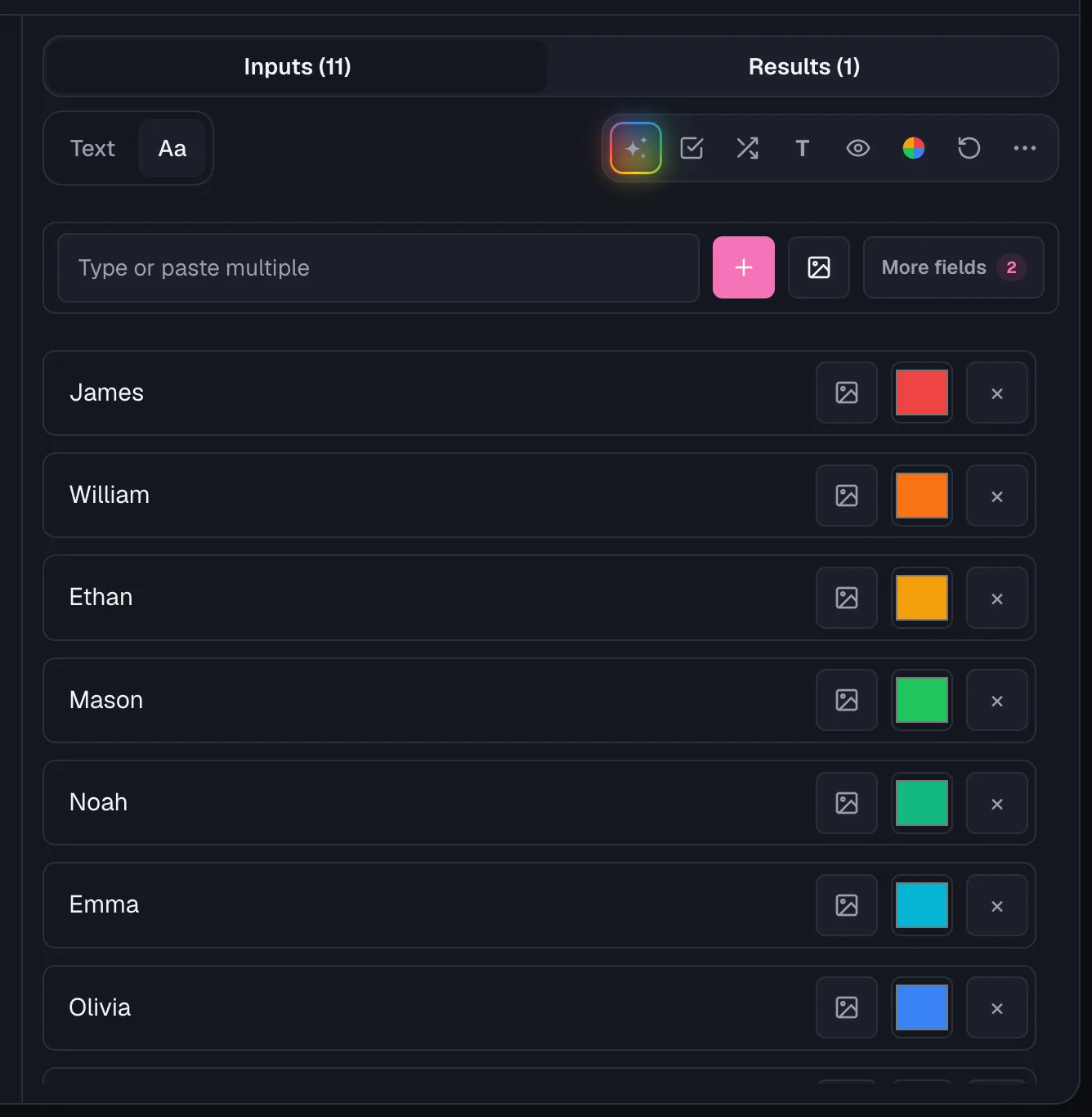 Entries panel with the "More fields" popover open: Weight, Image, Color, Duplicate, Hide toggles, all enabled, showing the expanded per-row controls.