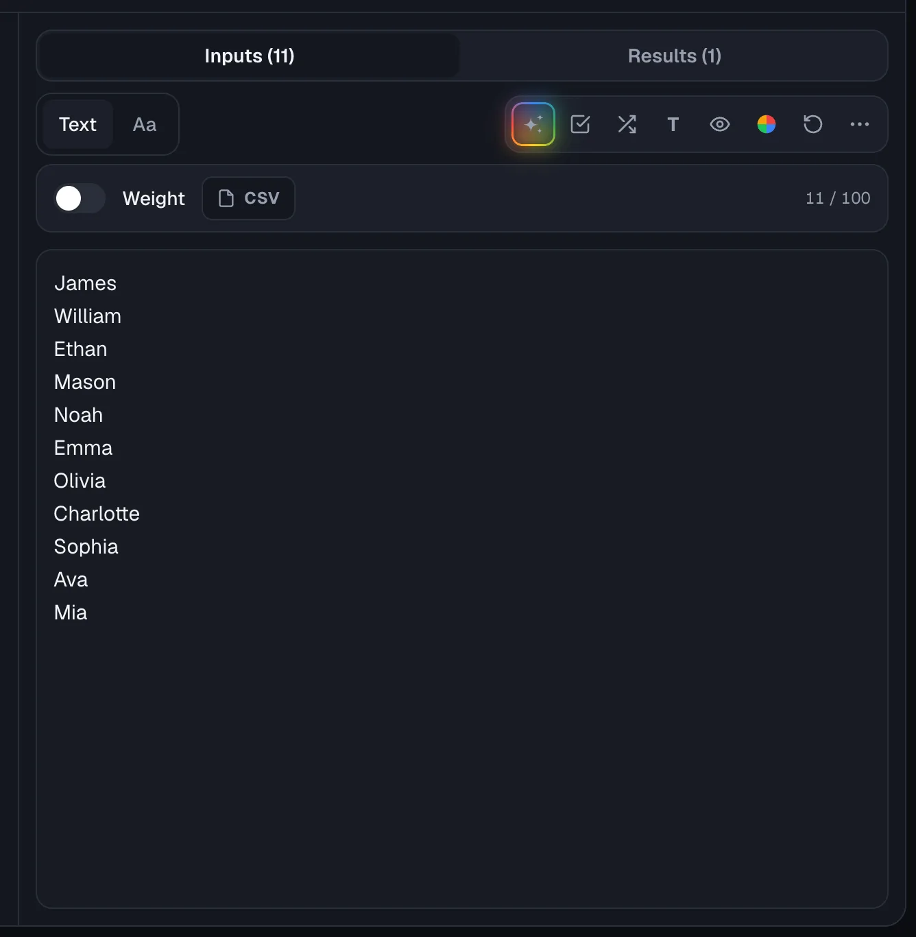 Wheel of Names: Entries panel in plain Text list view with the Weight toggle off, showing one name per line.