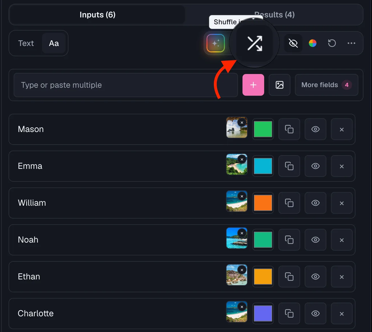 Wheel of Names: Entries toolbar tooltip "Shuffle inputs" with arrow pointing at the shuffle icon.