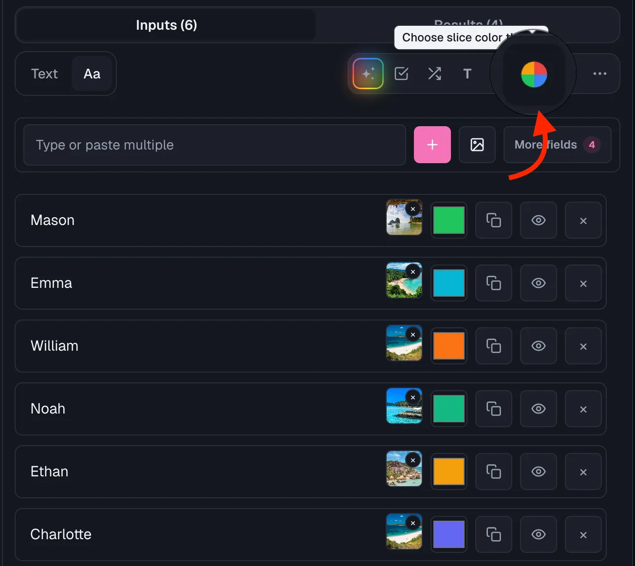 Wheel of Names: Entries toolbar tooltip "Choose slice color theme" with arrow pointing at the color-wheel icon.