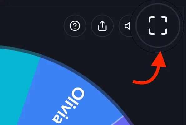 Wheel of Names: Arrow annotation pointing at the fullscreen icon in the wheel's top-right control cluster.