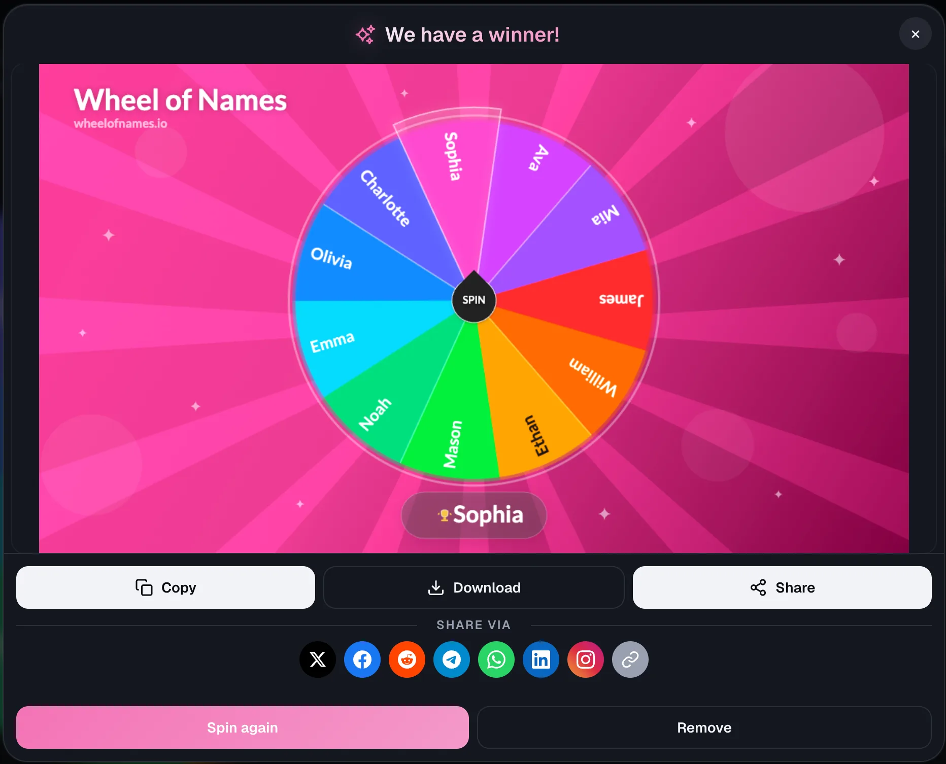 Wheel of Names: Same winner modal after tapping to reveal, showing winner "Sophia" on a pink-themed background.