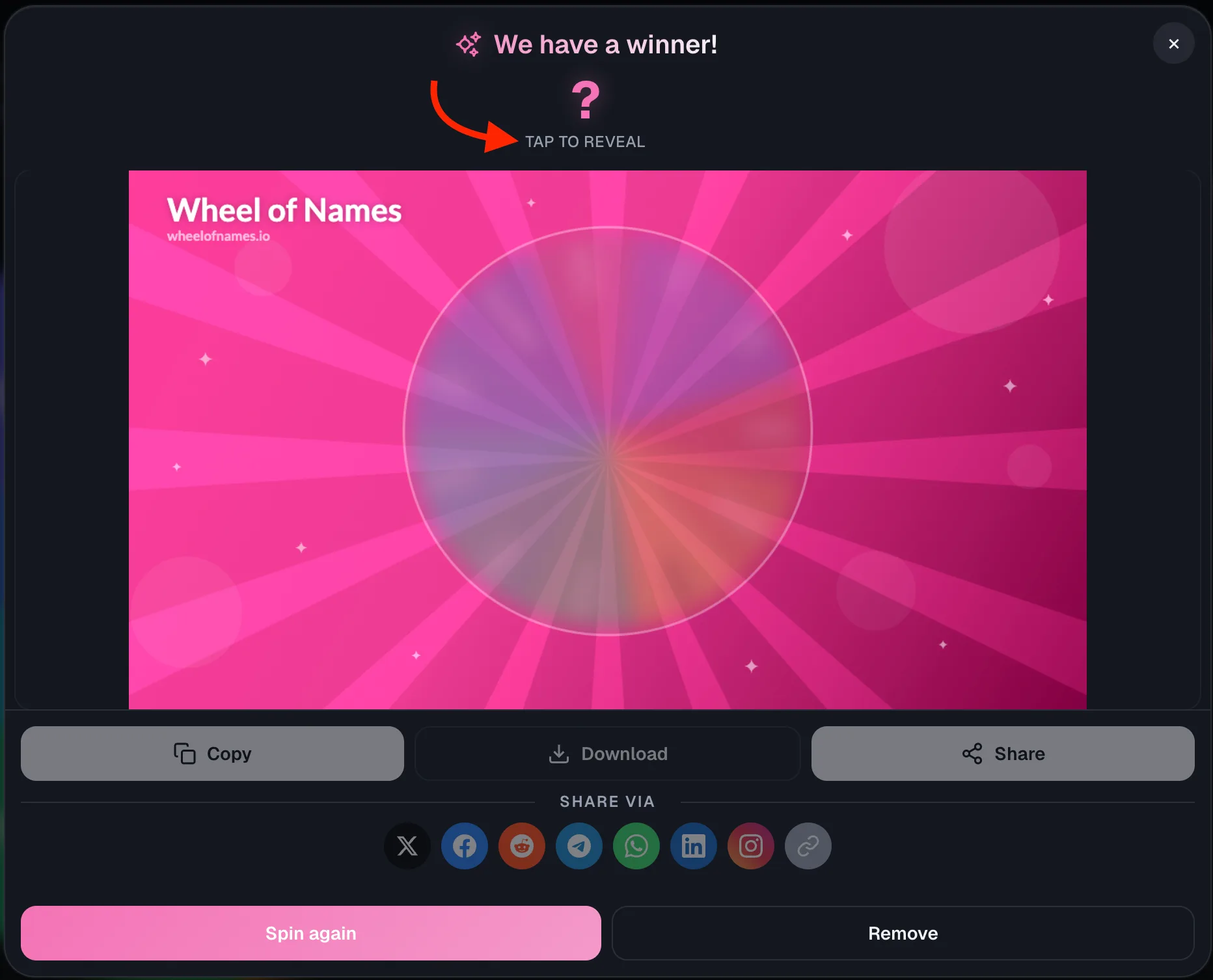 Wheel of Names: Winner modal with Mystery Result enabled, showing a "?" and "TAP TO REVEAL" prompt over a blurred/hidden wheel snapshot.
