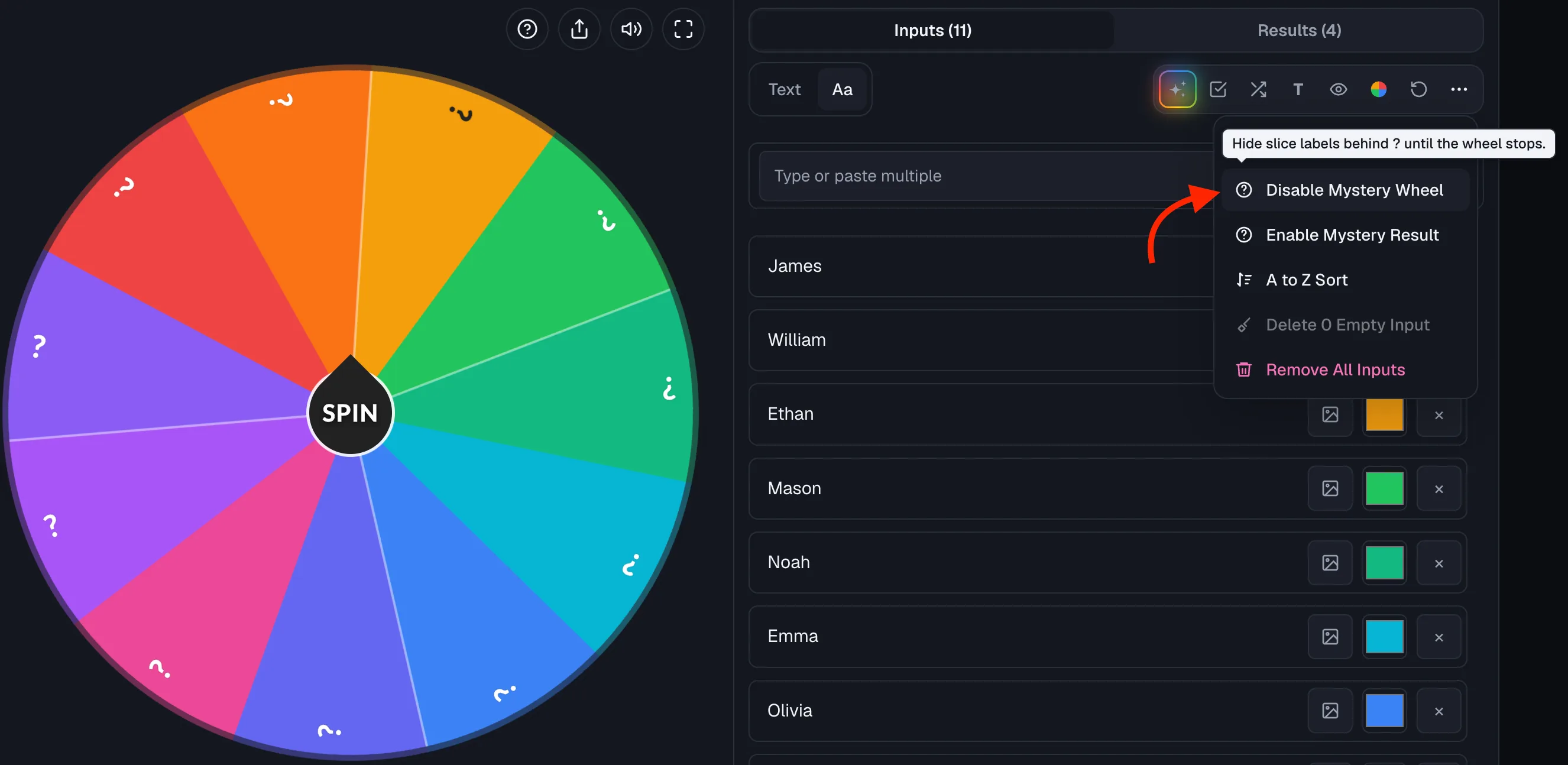Wheel of Names: Wheel with slice labels hidden behind "?" marks (Mystery Wheel enabled) and the "..." menu open with "Disable Mystery Wheel" highlighted.