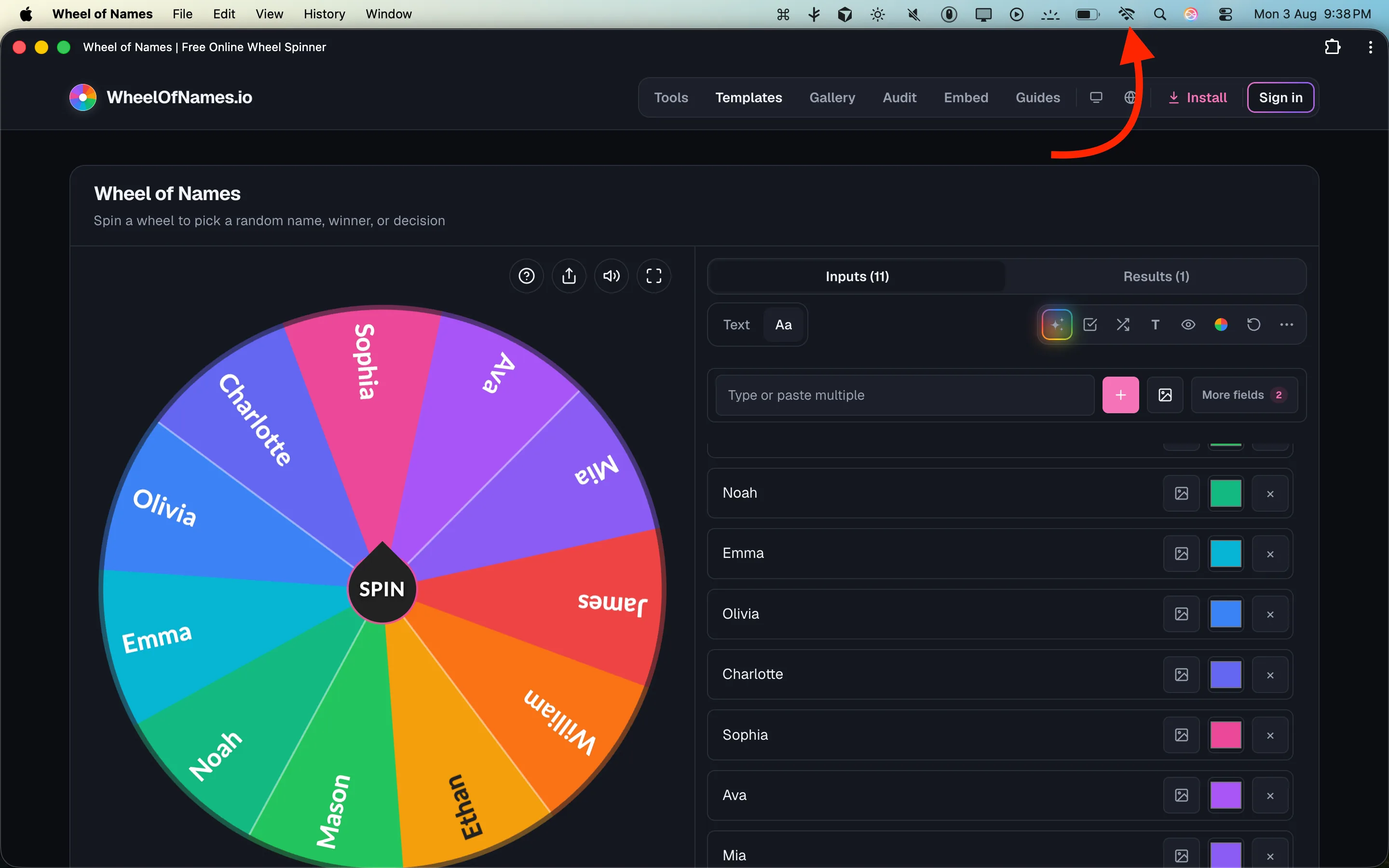 Wheel of Names: Desktop browser window with an arrow pointing toward the macOS menu bar / Install button area, illustrating how to install the app.