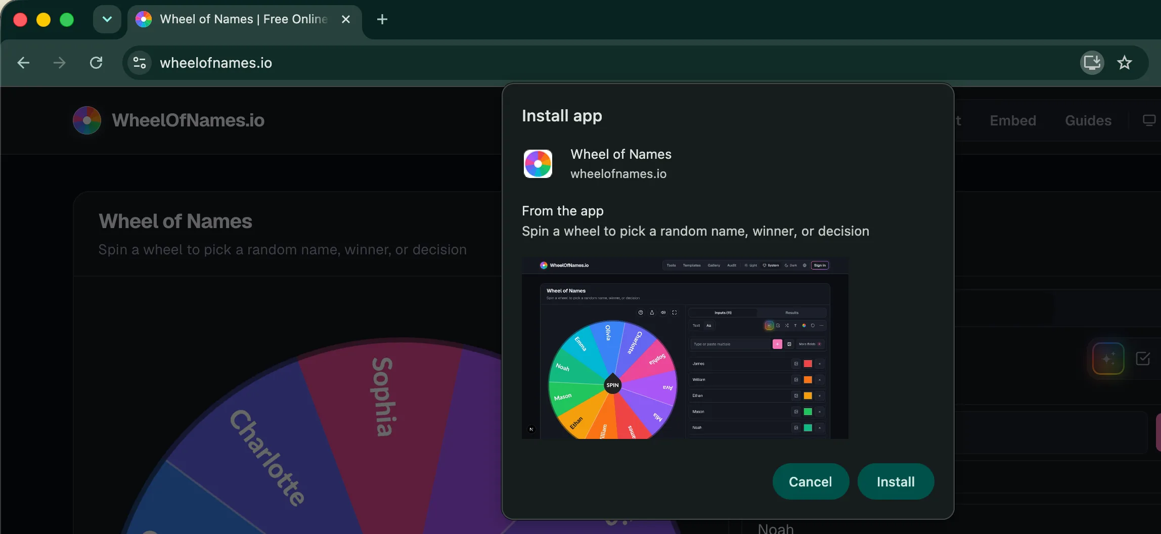 Wheel of Names: Browser-native "Install app" dialog for Wheel of Names, showing app icon, description, and a preview screenshot, with Cancel/Install buttons.