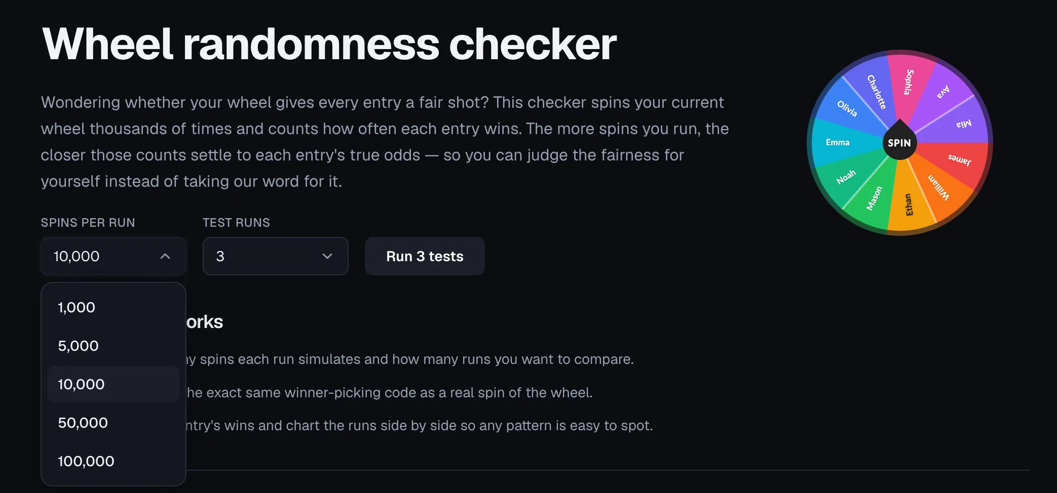 Wheel of Names: Randomness checker page with the Spins per run dropdown open (1,000 to 100,000), Test runs field, and Run tests button next to a wheel preview.