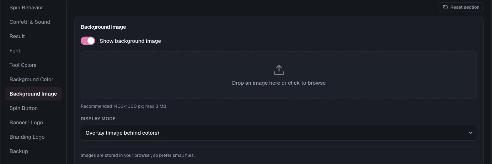 Wheel of Names: Tool Settings Background Image panel with the Show background image toggle on, an image upload dropzone, and Display mode set to Overlay (image behind colors).