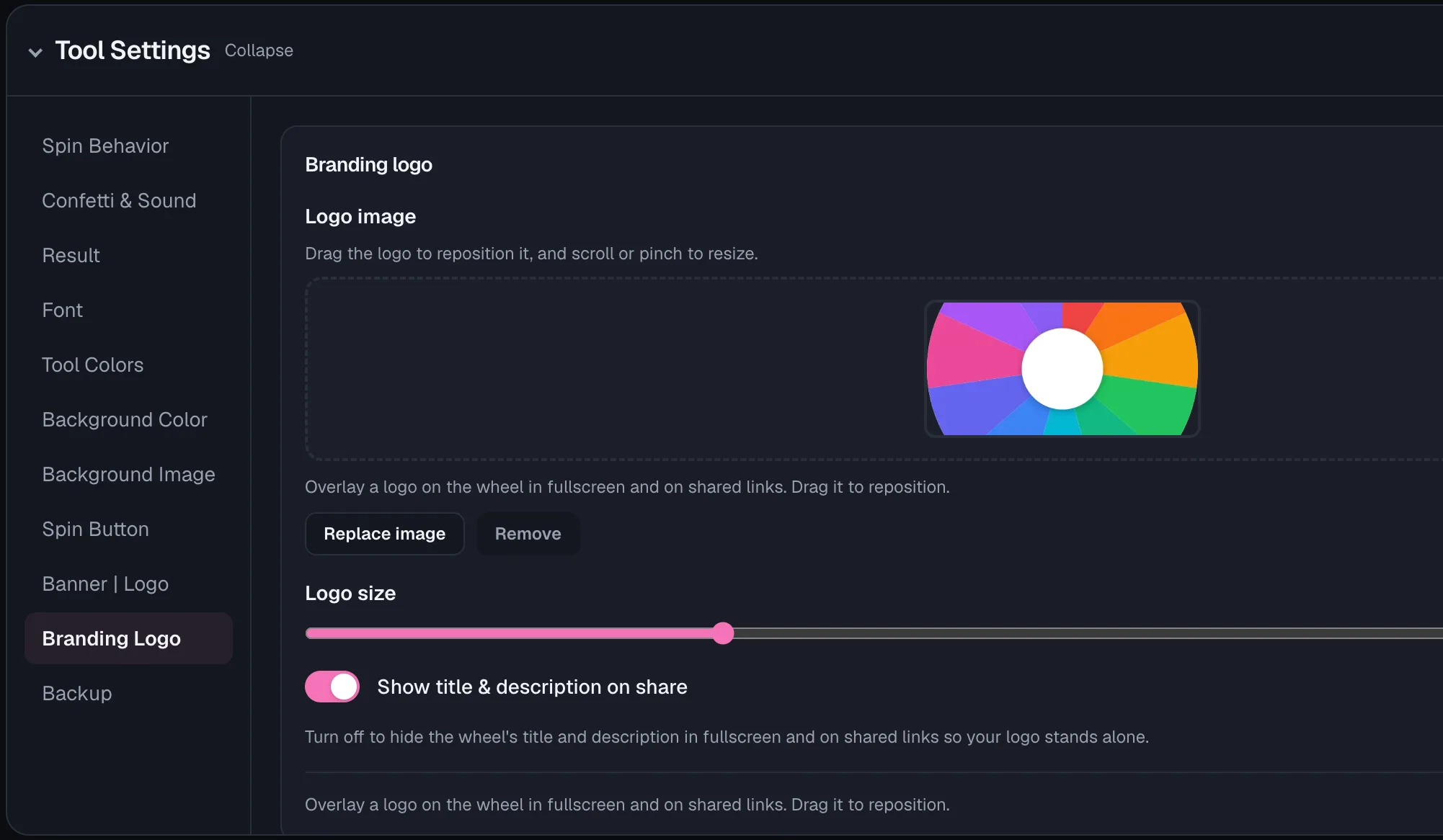 Tool Settings Branding Logo section with the logo upload and reposition area, a Logo size slider, and the show title and description on share toggles