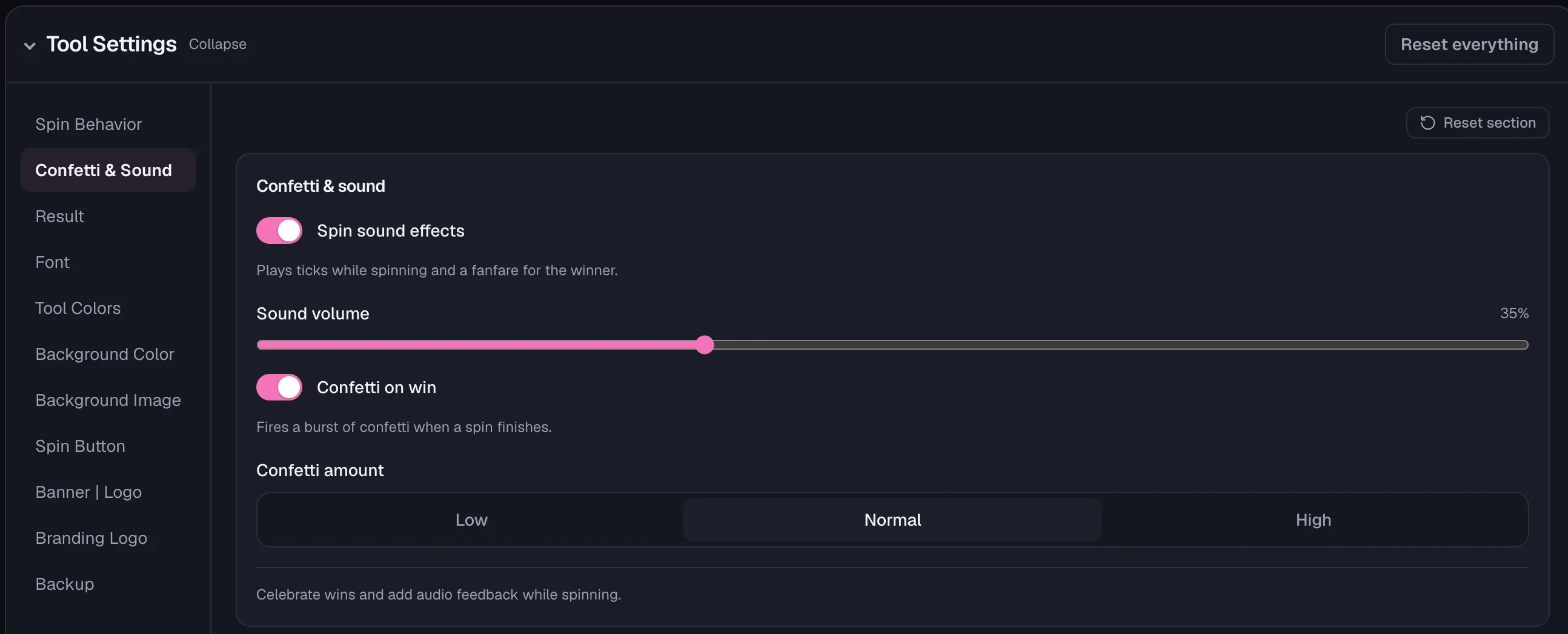 Wheel of Names: Tool Settings → Confetti & Sound: Spin sound effects toggle, Sound volume slider, Confetti on win toggle, Confetti amount (Low/Normal/High).