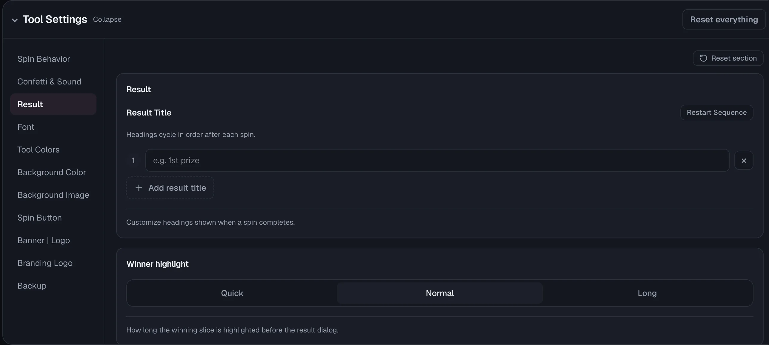 Wheel of Names: Tool Settings → Result: cycling Result Title field (with Restart Sequence) and Winner highlight duration (Quick/Normal/Long).