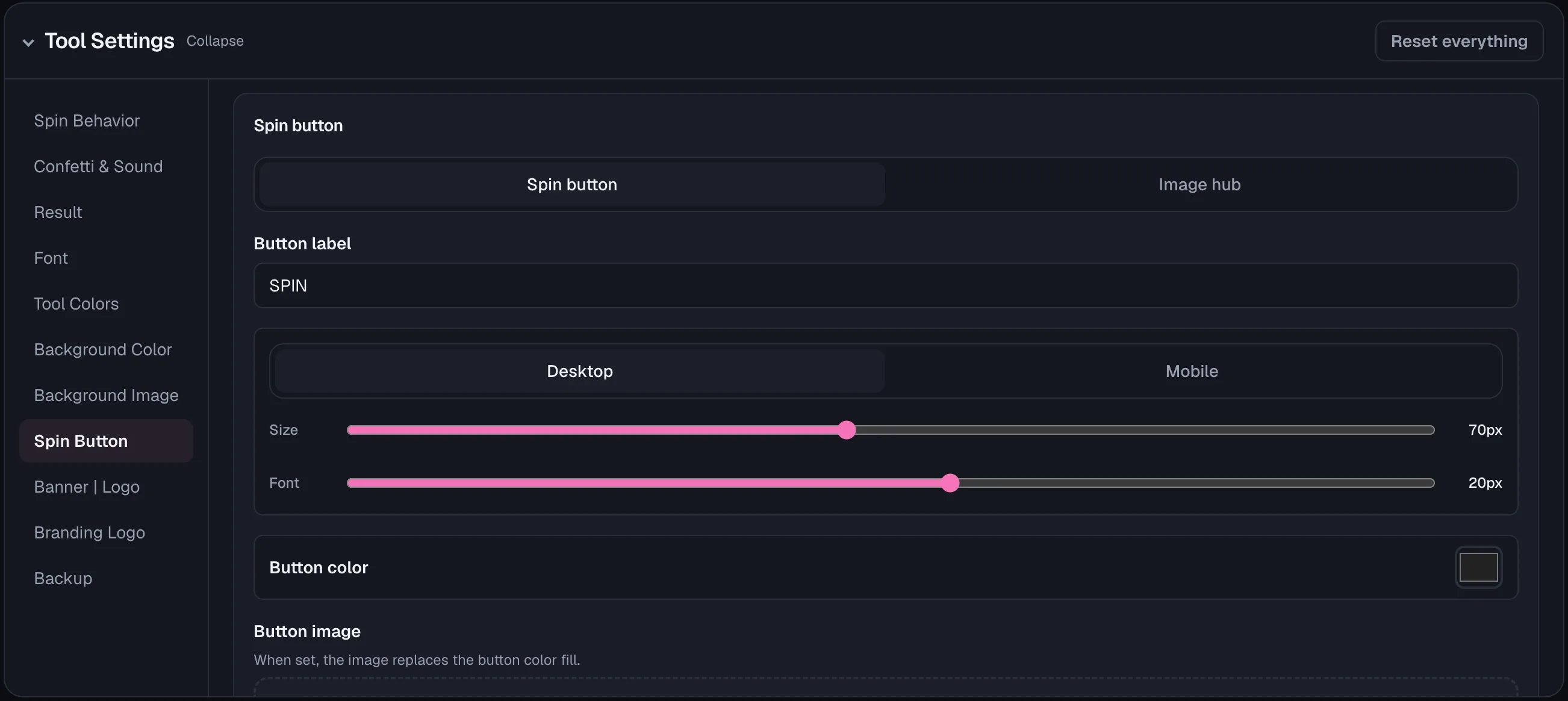 Wheel of Names: Tool Settings → Spin Button: Spin button / Image hub tabs, Button label ("SPIN") field, Desktop/Mobile tabs, Size and Font sliders.