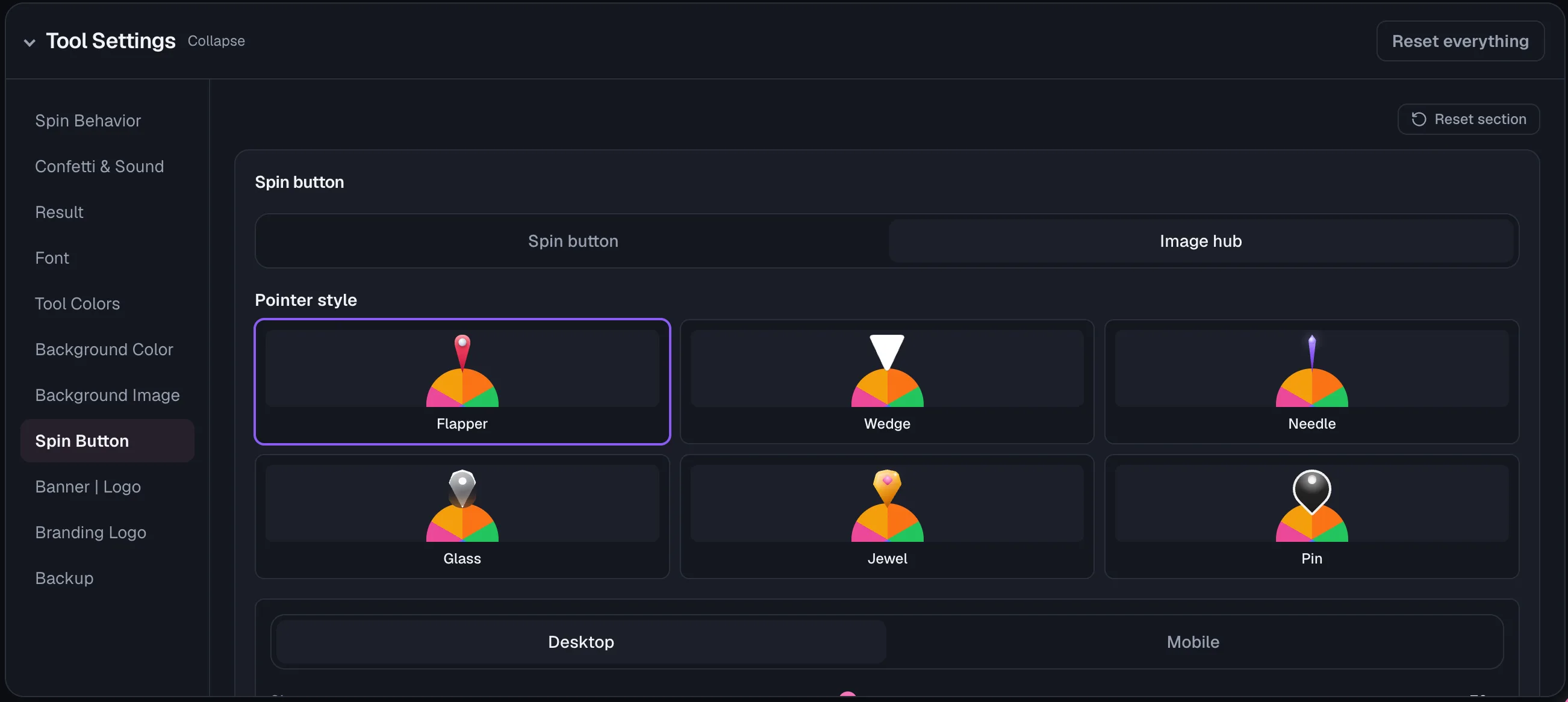 Wheel of Names: Tool Settings → Spin Button: Pointer style grid (Flapper, Wedge, Needle, Glass, Jewel, Pin) with Flapper selected.
