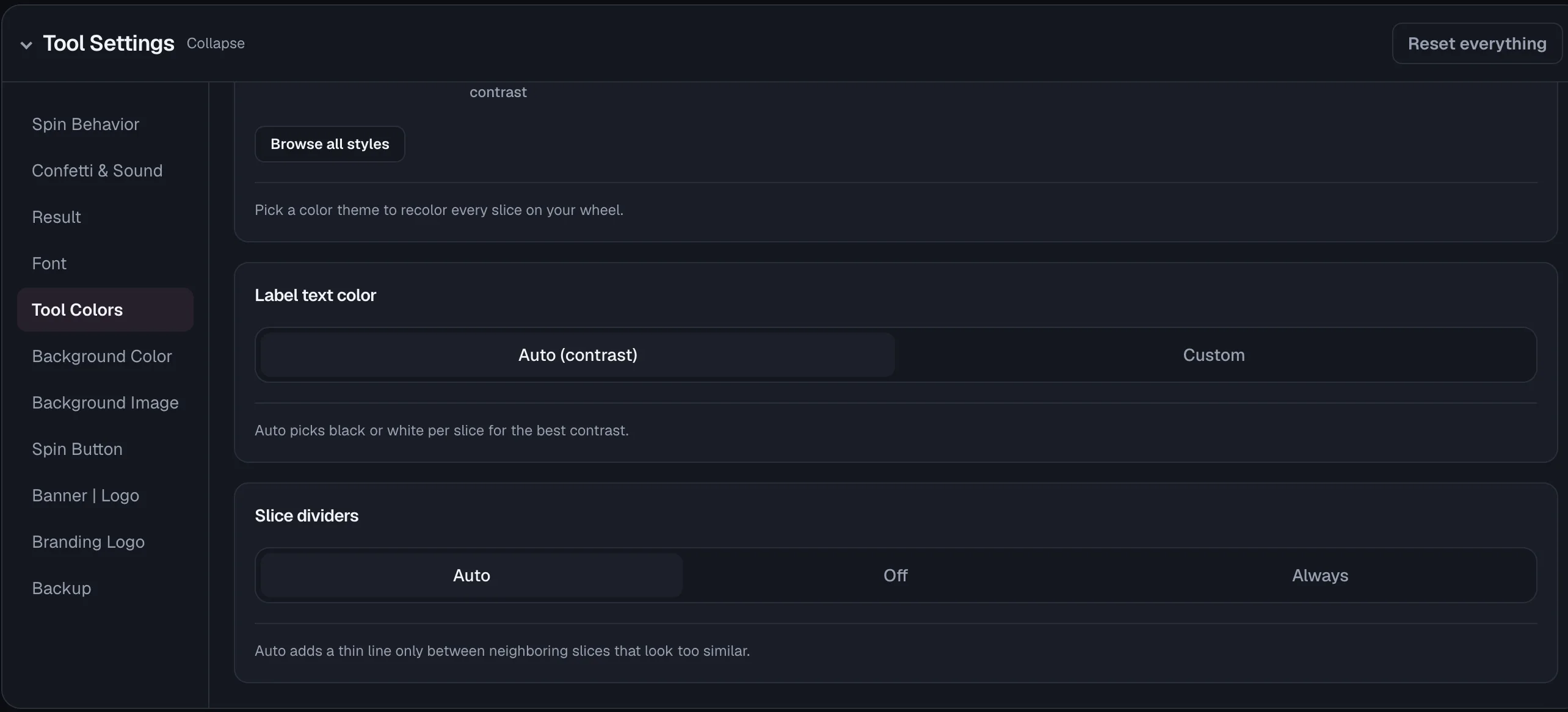 Wheel of Names: Tool Settings → Tool Colors: "Browse all styles" button, Label text color (Auto/Custom), and Slice dividers (Auto/Off/Always) controls.