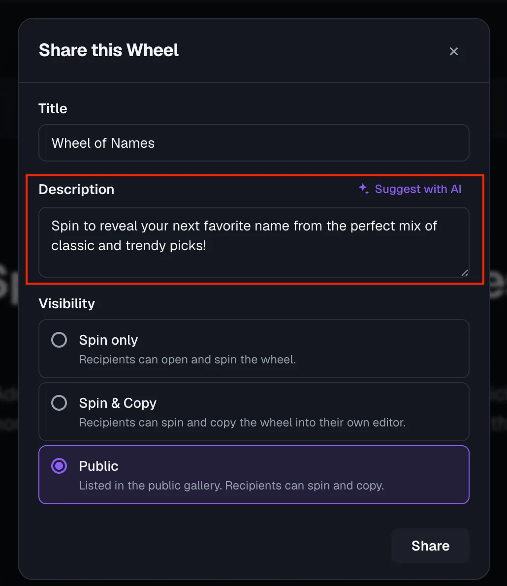 Share dialog showing an AI-suggested description filled in (highlighted) and "Public" visibility selected, listed in the public gallery.