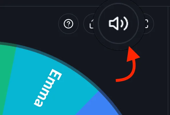 Wheel of Names: Arrow annotation pointing at the sound/mute icon in the wheel's top-right control cluster.