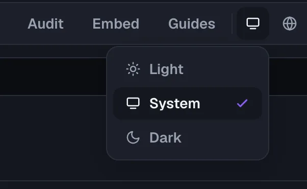 Wheel of Names: Header theme switcher dropdown open, showing Light / System / Dark options with System checked.