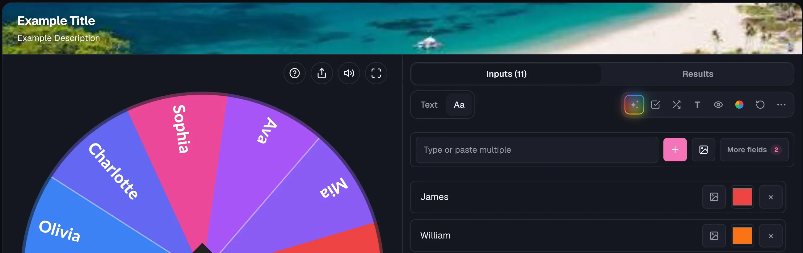 Wheel of Names: Wheel view showing the configured banner image with "Example Title" / "Example Description" heading above the wheel and entries panel.