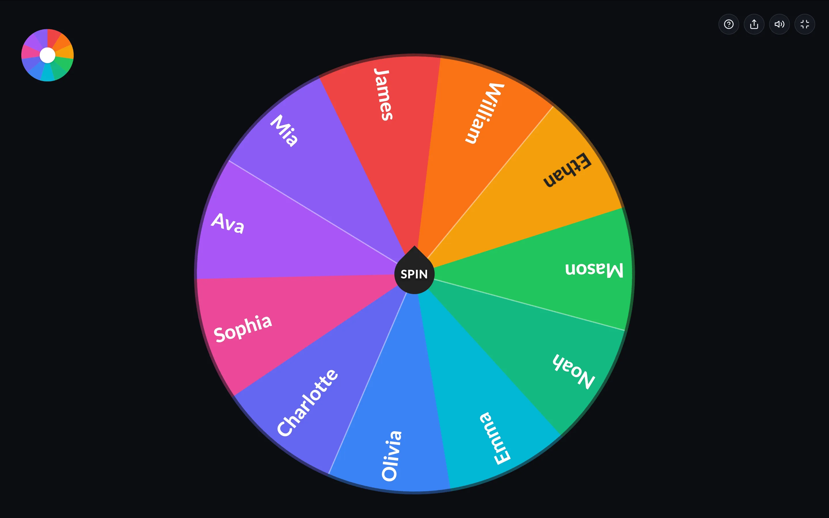 Fullscreen wheel view with a colorful branding logo placed in the top-left corner, above a spinning wheel of sample names
