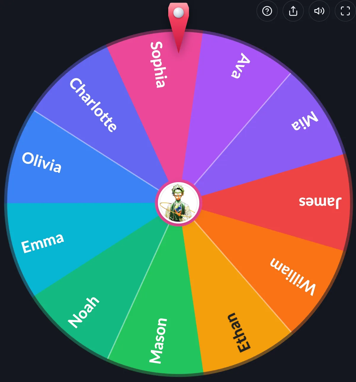Wheel of Names: Wheel view showing a red pin-style pointer at the top of the wheel instead of the default.