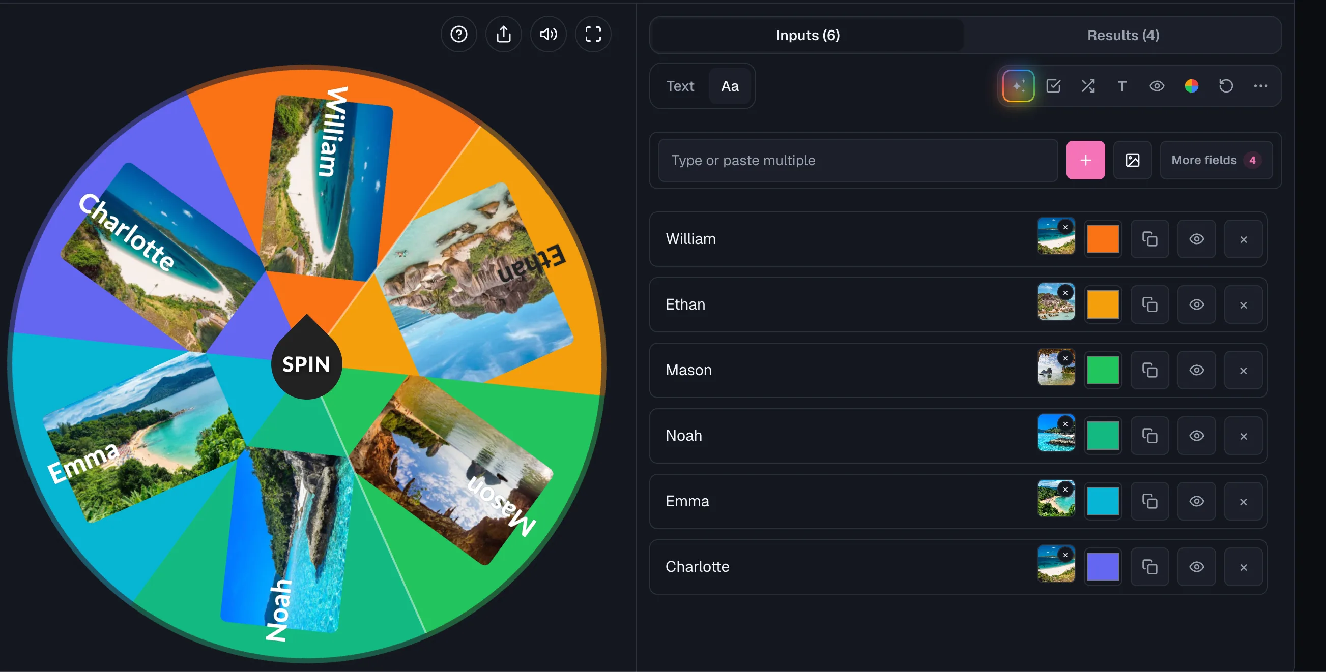 Wheel showing travel-photo images filling each slice alongside names, with the matching entries panel (6 inputs: William, Ethan, Mason, Noah, Emma, Charlotte).