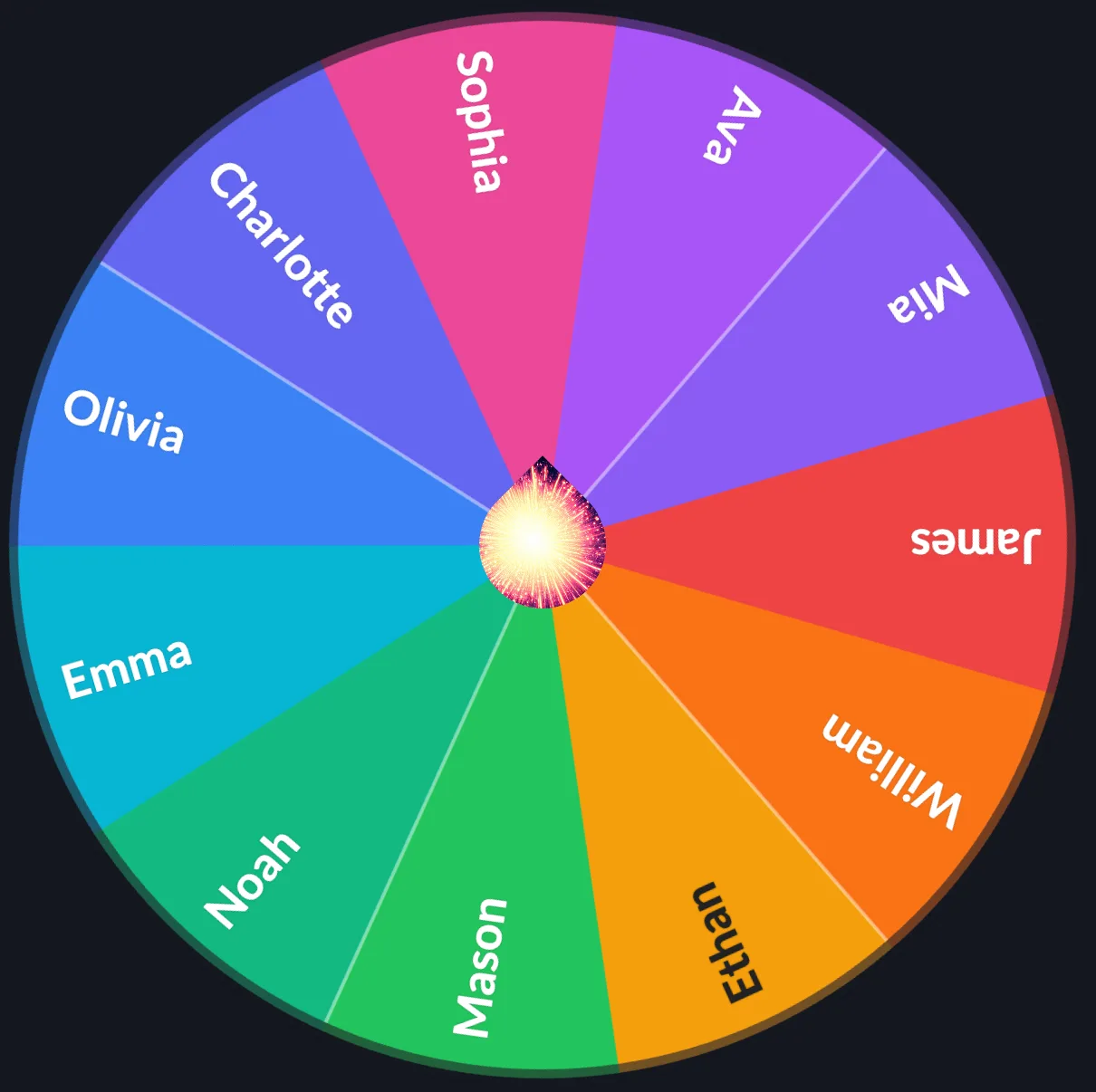 Wheel of Names: Wheel view showing the fireworks image applied as the center SPIN button fill.