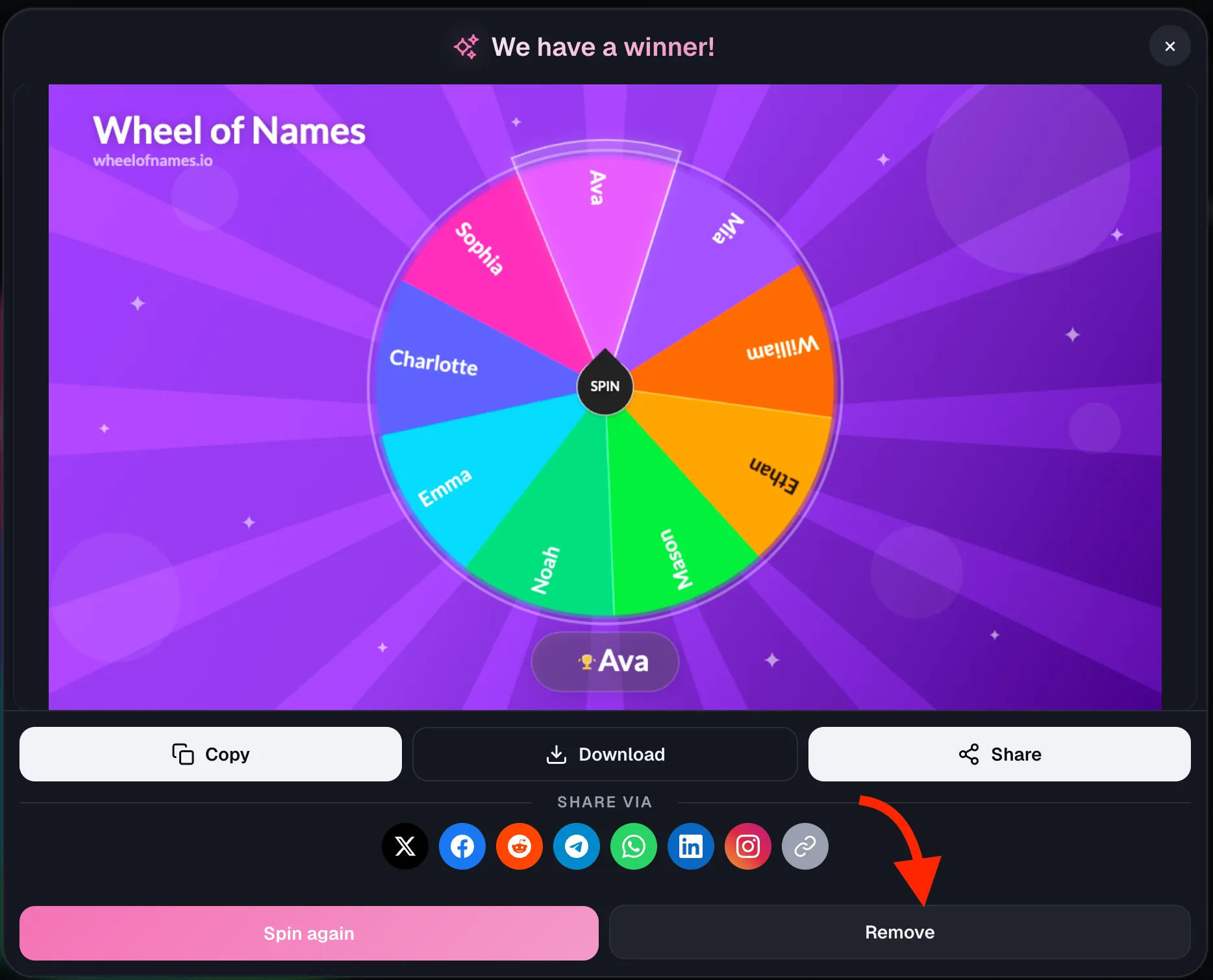 Wheel of Names: Same winner modal (winner: Ava) zoomed in, with an arrow pointing at the "Remove" button next to "Spin again".